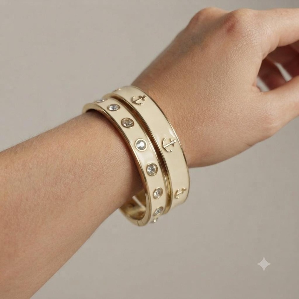 90s Cream Enamel Clamper Bangle Set Nautical Stackable Eternity Rhinestones